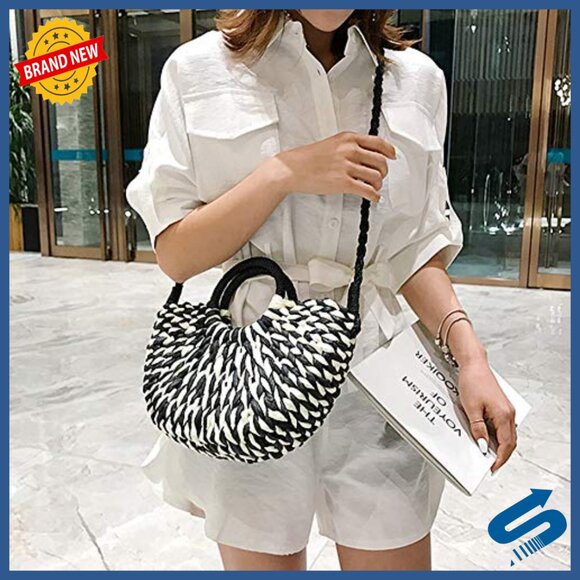 Hand-Woven Straw Tote Bag with Shoulder Strap for Beach Shopping Travel - Picture 6 of 7